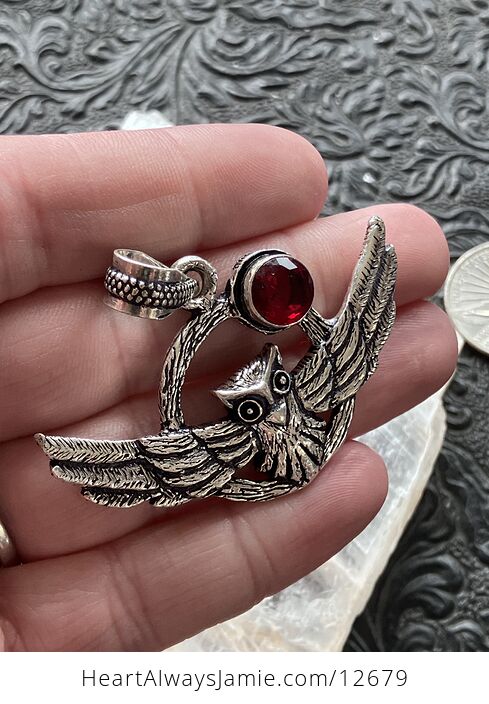 Flying Owl and Garnet Crystal Gemstone Stone Jewelry Pendant - #X69msldNMHk-6