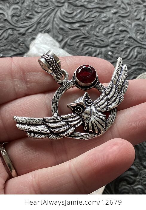 Flying Owl and Garnet Crystal Gemstone Stone Jewelry Pendant - #X69msldNMHk-1