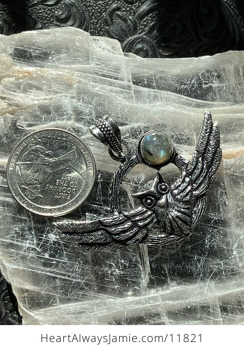 Flying Owl and Labradorite Crystal Gemstone Stone Jewelry Pendant - #7DQ0ATvw7hM-4
