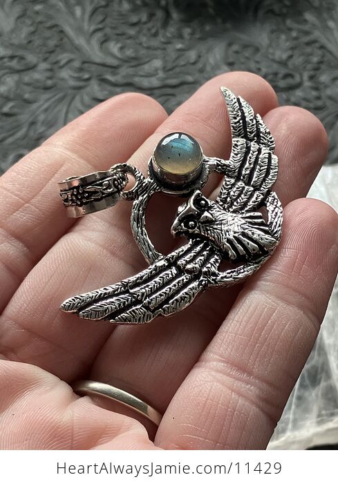 Flying Owl and Labradorite Crystal Gemstone Stone Jewelry Pendant - #mynLpsBmANI-4