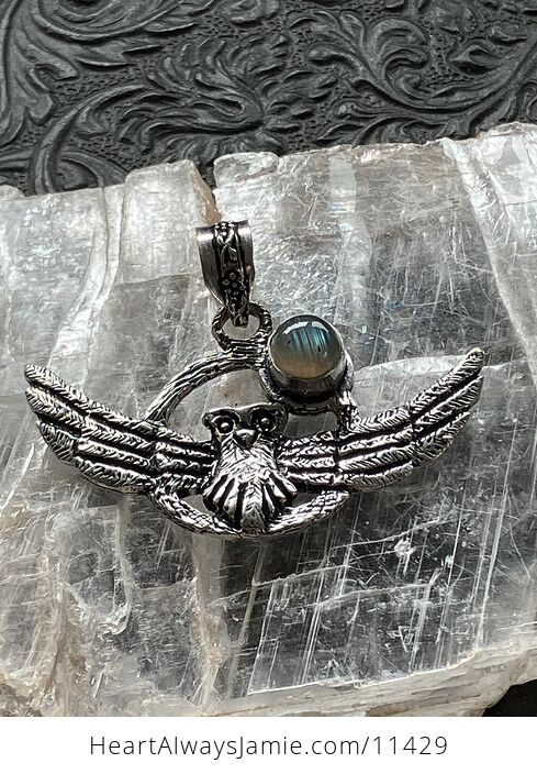 Flying Owl and Labradorite Crystal Gemstone Stone Jewelry Pendant - #mynLpsBmANI-2