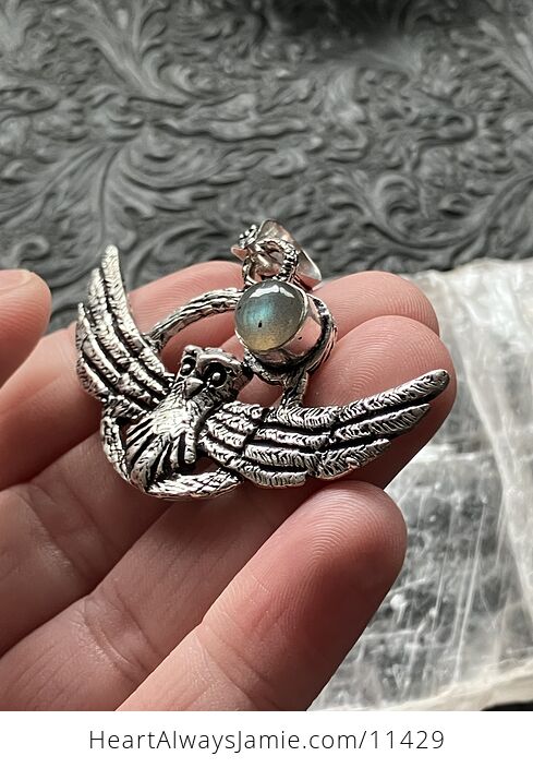 Flying Owl and Labradorite Crystal Gemstone Stone Jewelry Pendant - #mynLpsBmANI-5