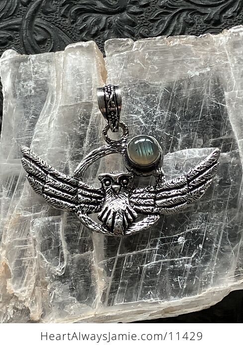 Flying Owl and Labradorite Crystal Gemstone Stone Jewelry Pendant - #mynLpsBmANI-1