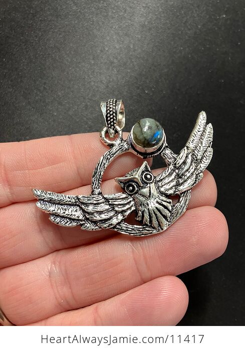 Flying Owl and Labradorite Crystal Gemstone Stone Jewelry Pendant - #t3QnNZhl9aY-2