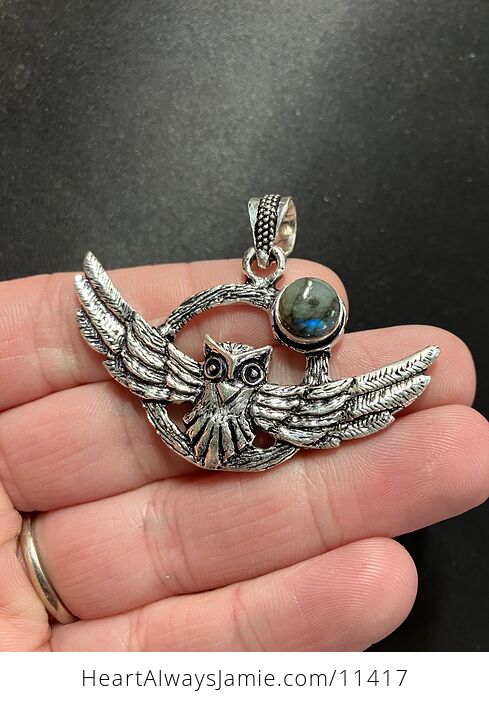Flying Owl and Labradorite Crystal Gemstone Stone Jewelry Pendant - #t3QnNZhl9aY-1