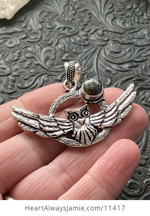 Flying Owl and Labradorite Crystal Gemstone Stone Jewelry Pendant - #t3QnNZhl9aY-4