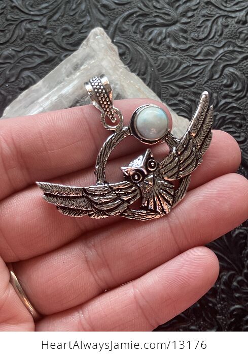 Flying Owl and Larimar Crystal Gemstone Stone Jewelry Pendant - #xyP0Ship77s-2