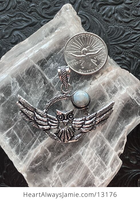 Flying Owl and Larimar Crystal Gemstone Stone Jewelry Pendant - #xyP0Ship77s-7