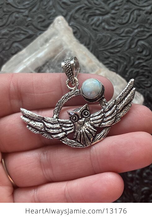 Flying Owl and Larimar Crystal Gemstone Stone Jewelry Pendant - #xyP0Ship77s-3