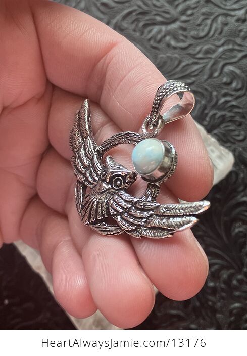 Flying Owl and Larimar Crystal Gemstone Stone Jewelry Pendant - #xyP0Ship77s-4