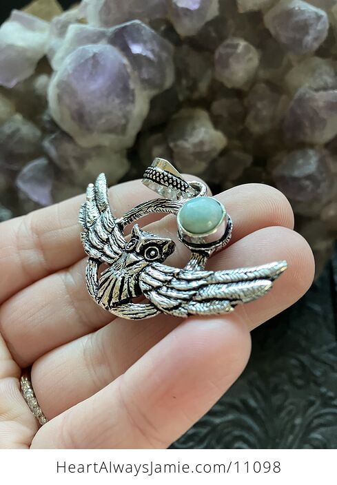 Flying Owl and Larimar Moon Crystal Gemstone Stone Jewelry Pendant - #7sG9Z6qsoO4-4