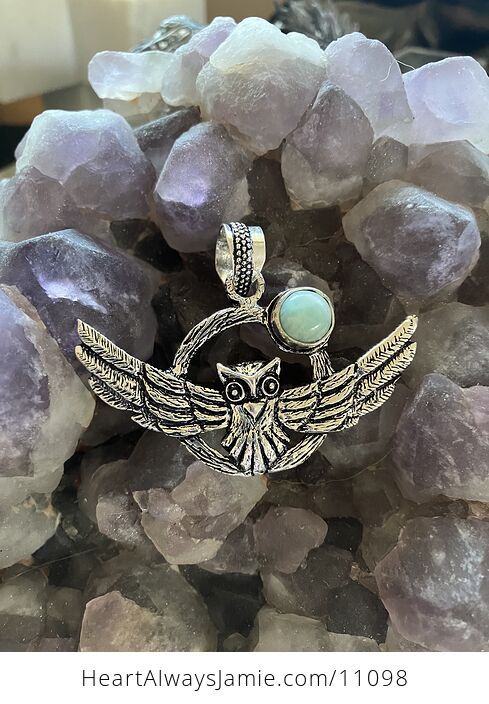 Flying Owl and Larimar Moon Crystal Gemstone Stone Jewelry Pendant - #7sG9Z6qsoO4-6