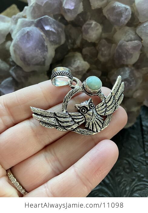 Flying Owl and Larimar Moon Crystal Gemstone Stone Jewelry Pendant - #7sG9Z6qsoO4-3