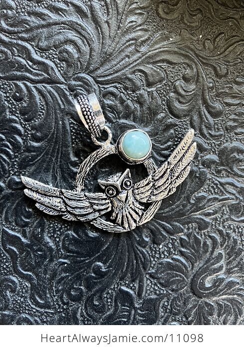 Flying Owl and Larimar Moon Crystal Gemstone Stone Jewelry Pendant - #7sG9Z6qsoO4-5