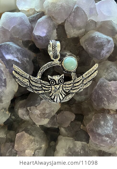 Flying Owl and Larimar Moon Crystal Gemstone Stone Jewelry Pendant - #7sG9Z6qsoO4-1