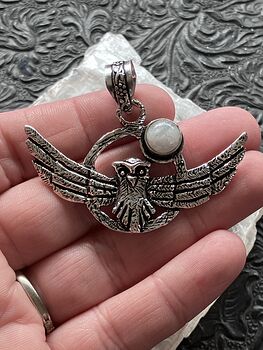 Flying Owl and Rainbow Moonstone Crystal Gemstone Stone Jewelry Pendant #8htJimyEqEQ