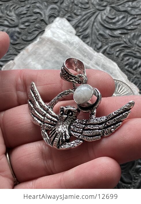 Flying Owl and Rainbow Moonstone Crystal Gemstone Stone Jewelry Pendant - #8htJimyEqEQ-3