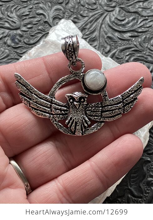 Flying Owl and Rainbow Moonstone Crystal Gemstone Stone Jewelry Pendant - #8htJimyEqEQ-1