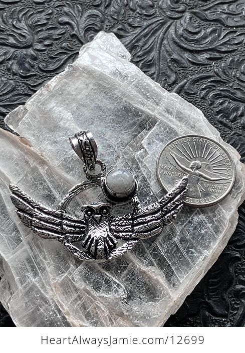 Flying Owl and Rainbow Moonstone Crystal Gemstone Stone Jewelry Pendant - #8htJimyEqEQ-5