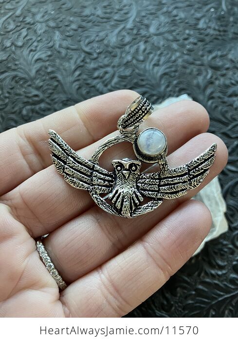 Flying Owl and Rainbow Moonstone Crystal Gemstone Stone Jewelry Pendant - #Ti6f2djE1Es-2