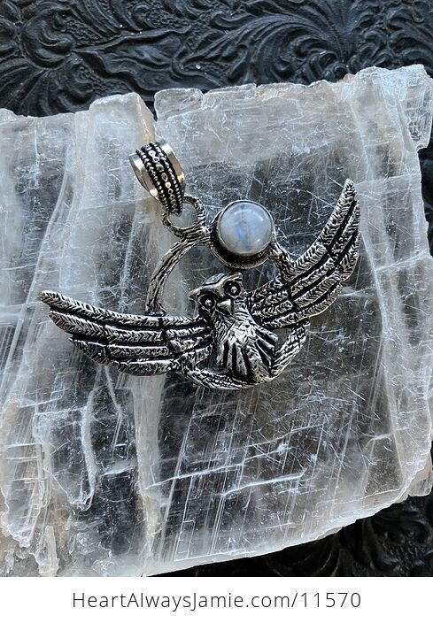 Flying Owl and Rainbow Moonstone Crystal Gemstone Stone Jewelry Pendant - #Ti6f2djE1Es-1