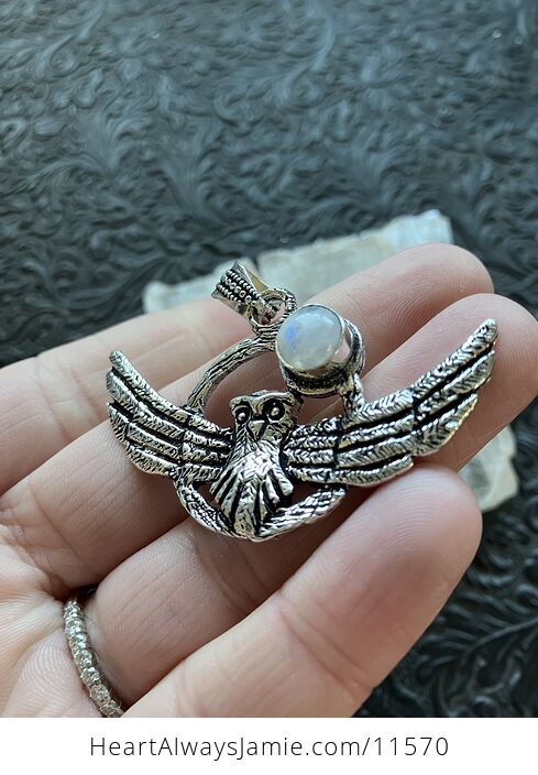 Flying Owl and Rainbow Moonstone Crystal Gemstone Stone Jewelry Pendant - #Ti6f2djE1Es-4