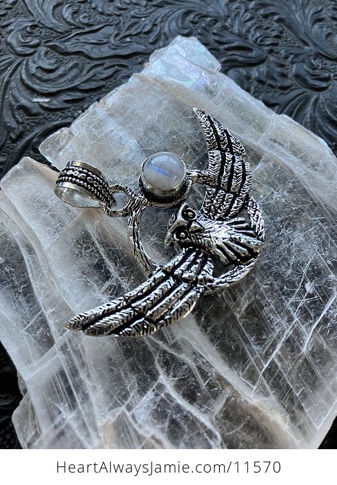 Flying Owl and Rainbow Moonstone Crystal Gemstone Stone Jewelry Pendant - #Ti6f2djE1Es-6