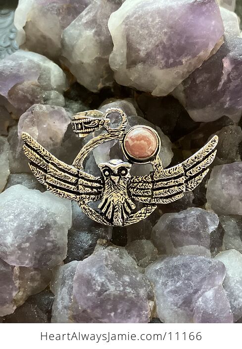 Flying Owl and Rhodochrosite Moon Crystal Gemstone Stone Jewelry Pendant - #LAxkAWKBmFs-1