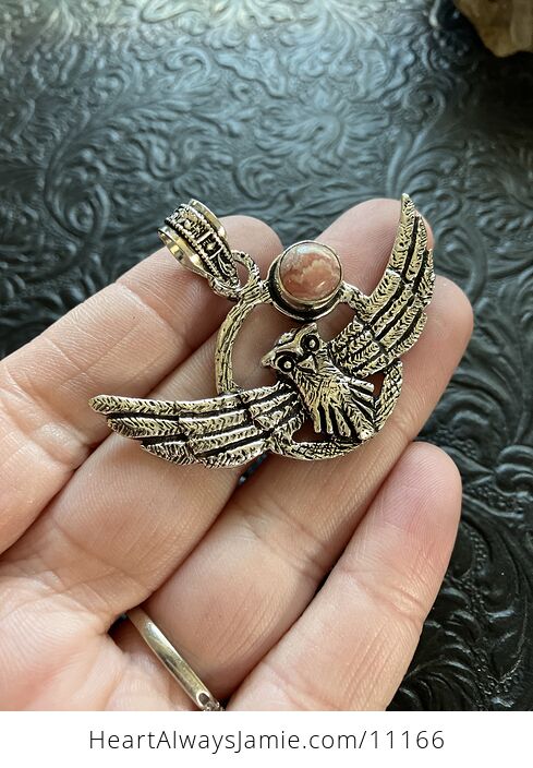 Flying Owl and Rhodochrosite Moon Crystal Gemstone Stone Jewelry Pendant - #LAxkAWKBmFs-3