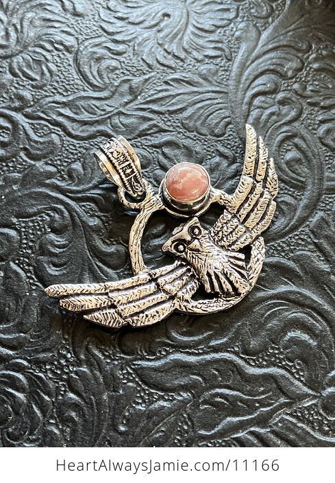 Flying Owl and Rhodochrosite Moon Crystal Gemstone Stone Jewelry Pendant - #LAxkAWKBmFs-7