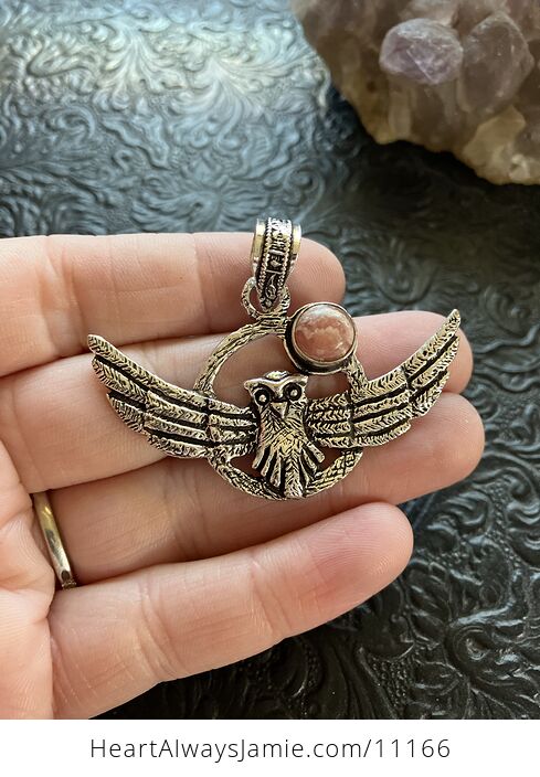 Flying Owl and Rhodochrosite Moon Crystal Gemstone Stone Jewelry Pendant - #LAxkAWKBmFs-2