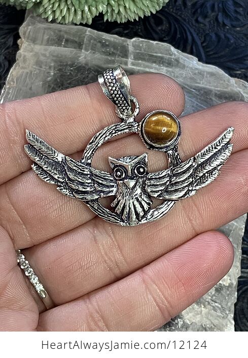 Flying Owl and Tigers Eye Crystal Gemstone Stone Jewelry Pendant - #dm4qFL9xGYU-1