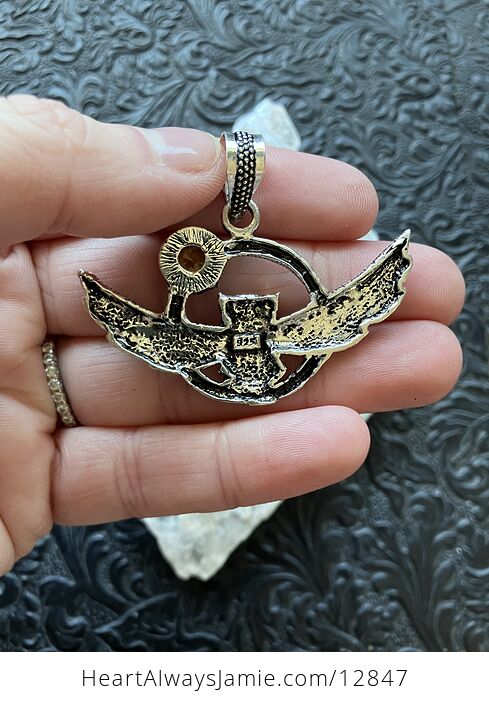 Flying Owl and Yellow Crystal Gemstone Stone Jewelry Pendant - #8bxPq2uV1HY-4