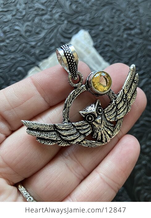 Flying Owl and Yellow Crystal Gemstone Stone Jewelry Pendant - #8bxPq2uV1HY-3