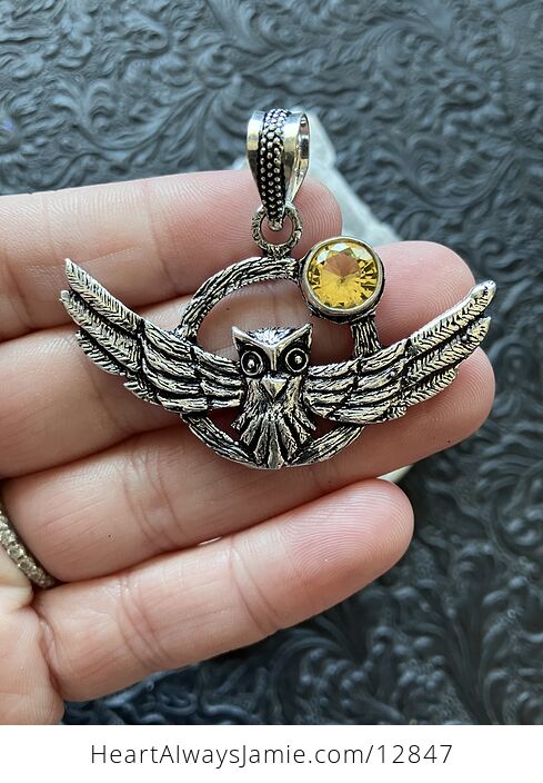 Flying Owl and Yellow Crystal Gemstone Stone Jewelry Pendant - #8bxPq2uV1HY-2