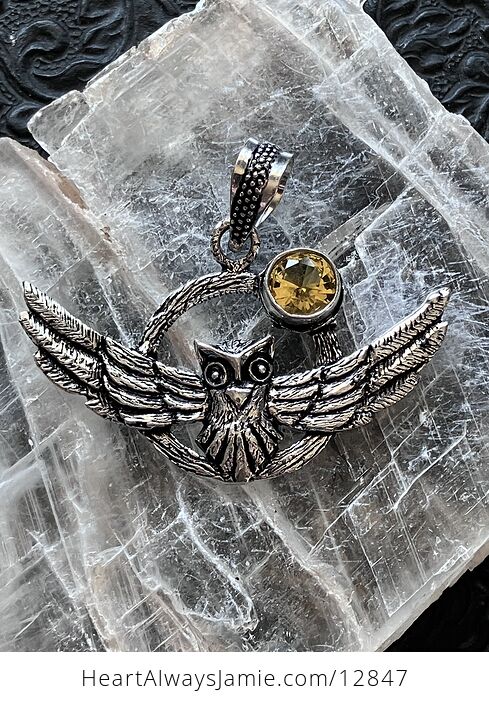 Flying Owl and Yellow Crystal Gemstone Stone Jewelry Pendant - #8bxPq2uV1HY-1