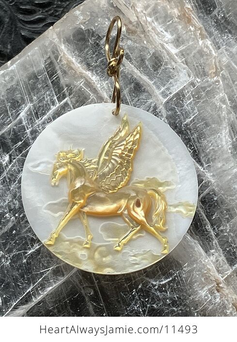 Flying Pegasus Horse Mother of Pearl Mop Carved Shell Jewelry Pendant - #y0Jhq6yM5ZA-1