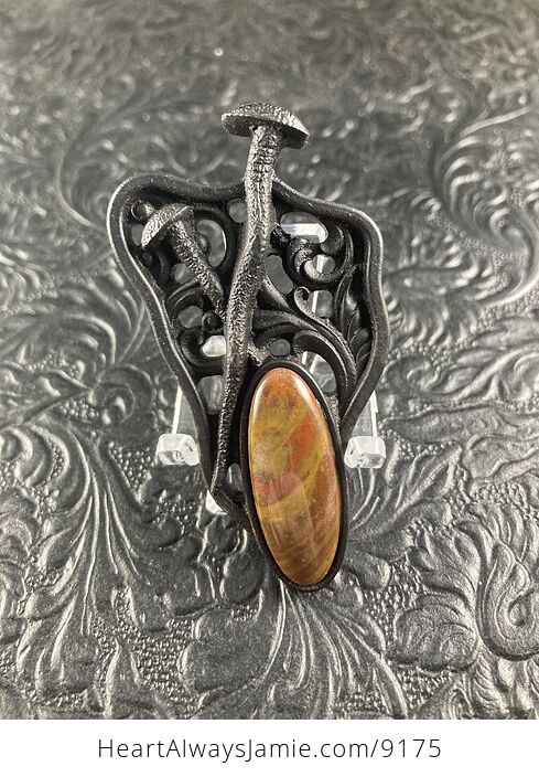 Forest Fire Jasper and Wood Mushroom Cabochon Pendant Jewelry Mini Art - #60RwnEbqpRo-1