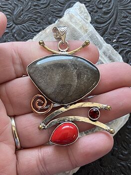 Funky Garnet Red Coral and Silver Sheen Obsidian Crystal Stone Jewelry Pendant #zWs4qPzrBBM