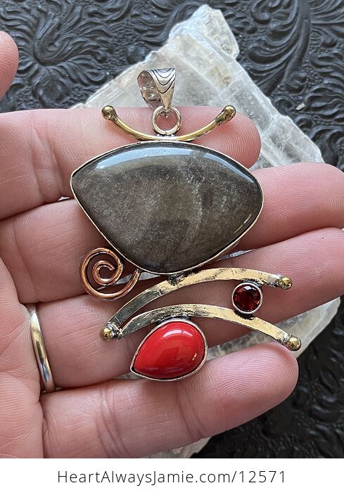 Funky Garnet Red Coral and Silver Sheen Obsidian Crystal Stone Jewelry Pendant - #zWs4qPzrBBM-1