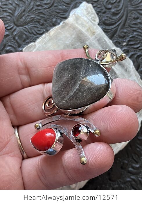 Funky Garnet Red Coral and Silver Sheen Obsidian Crystal Stone Jewelry Pendant - #zWs4qPzrBBM-3