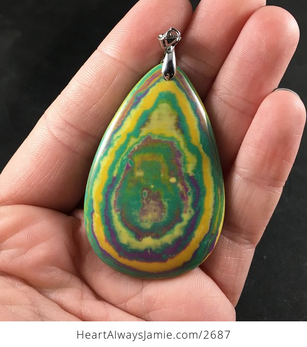 Funky Psychedelic Purple Yellow and Green Synthetic Stone Pendant - #zemSjbBYGvE-1
