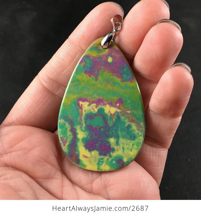 Funky Psychedelic Purple Yellow and Green Synthetic Stone Pendant Necklace - #zemSjbBYGvE-2