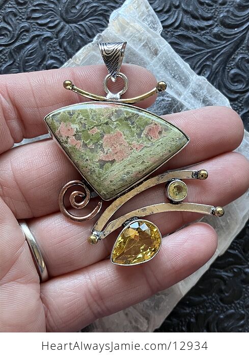 Funky Unakite and Citrine Gem Crystal Stone Jewelry Pendant - #wRUfwQdmtAI-1