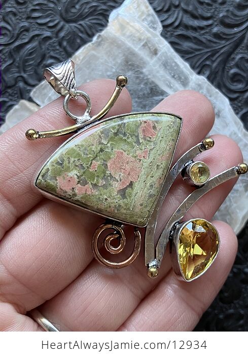 Funky Unakite and Citrine Gem Crystal Stone Jewelry Pendant - #wRUfwQdmtAI-2