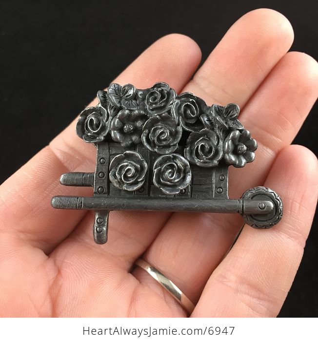 Garden Wheelbarrow and Flowers Earrings Brooch Necklace and Trinket Jewelry Box Set Vintage Torino Pewter - #uofUcAnawMk-1