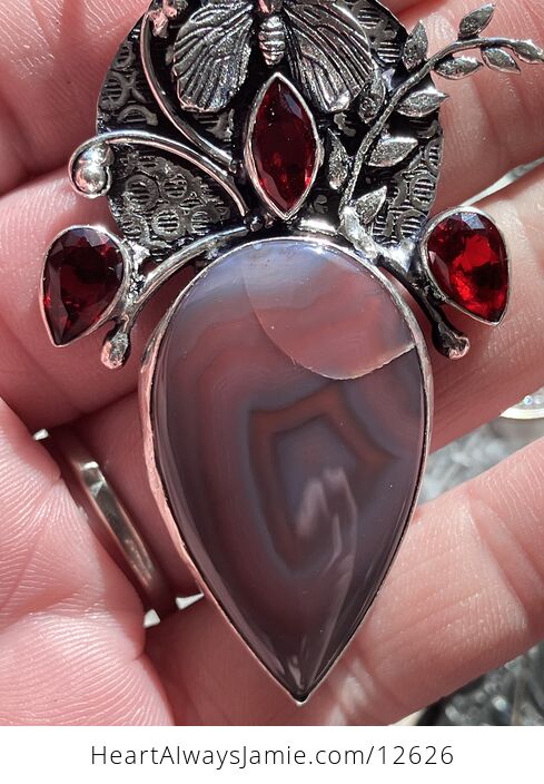 Garnet and Pink Botswana Agate Butterfly Crystal Stone Pendant - #xdPdy6dvBQo-5