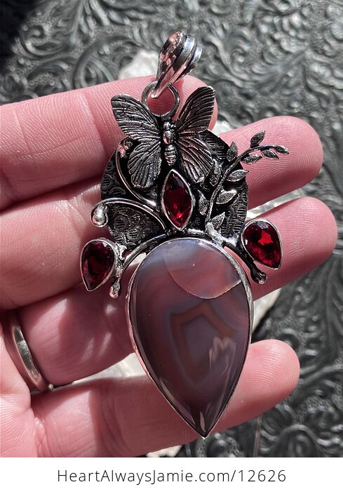 Garnet and Pink Botswana Agate Butterfly Crystal Stone Pendant - #xdPdy6dvBQo-2