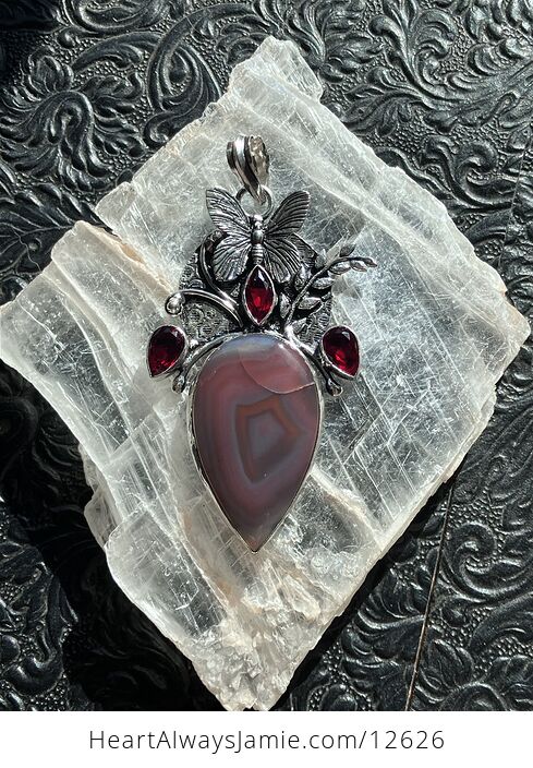 Garnet and Pink Botswana Agate Butterfly Crystal Stone Pendant - #xdPdy6dvBQo-7