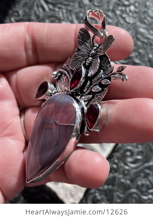 Garnet and Pink Botswana Agate Butterfly Crystal Stone Pendant - #xdPdy6dvBQo-3